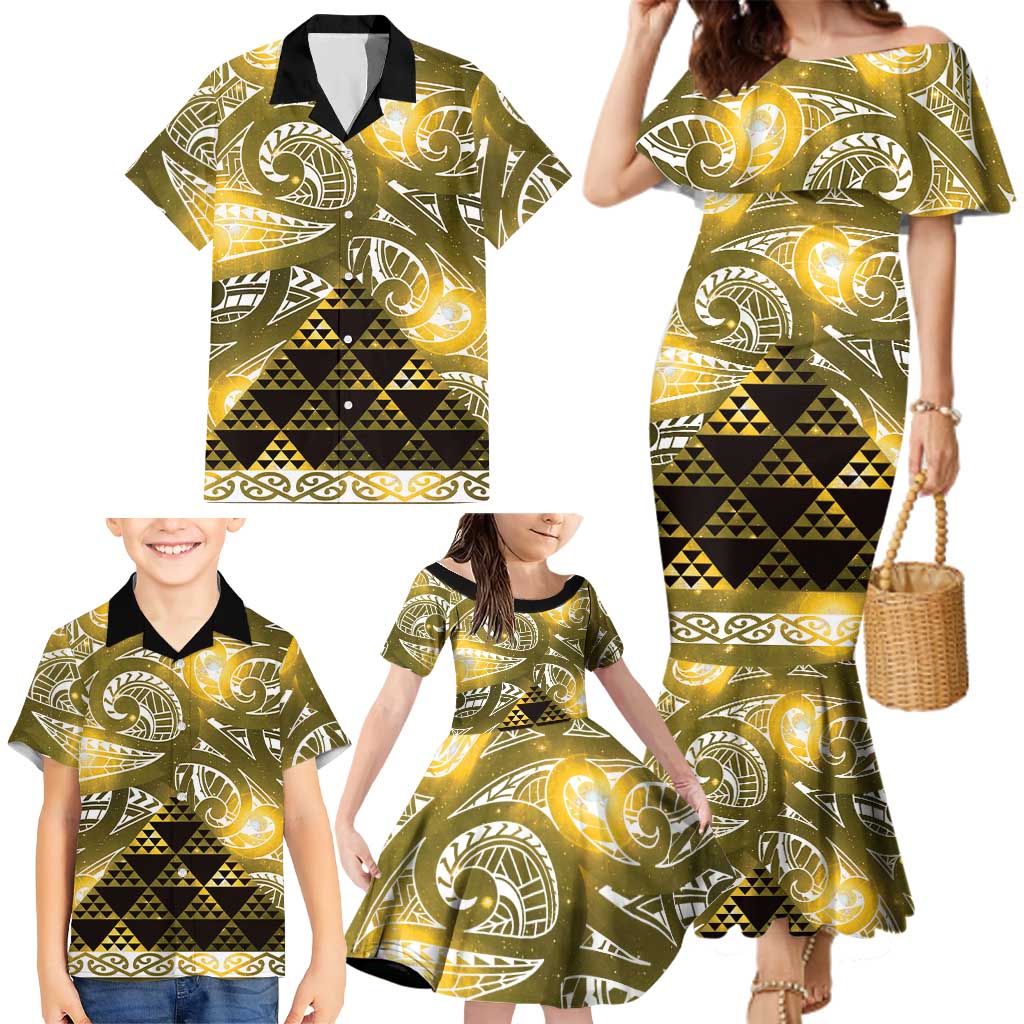 Matariki New Zealand Family Matching Mermaid Dress and Hawaiian Shirt NZ Niho Taniwha Maori New Year Yellow Galaxy LT14 - Polynesian Pride
