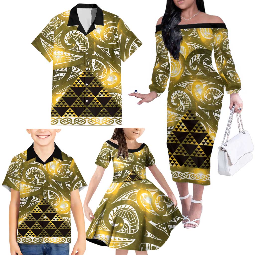 Matariki New Zealand Family Matching Off The Shoulder Long Sleeve Dress and Hawaiian Shirt NZ Niho Taniwha Maori New Year Yellow Galaxy LT14 - Polynesian Pride