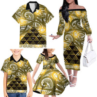 Matariki New Zealand Family Matching Off The Shoulder Long Sleeve Dress and Hawaiian Shirt NZ Niho Taniwha Maori New Year Yellow Galaxy