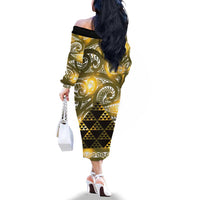 Matariki New Zealand Family Matching Off The Shoulder Long Sleeve Dress and Hawaiian Shirt NZ Niho Taniwha Maori New Year Yellow Galaxy