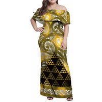 Matariki New Zealand Family Matching Off Shoulder Maxi Dress and Hawaiian Shirt NZ Niho Taniwha Maori New Year Yellow Galaxy