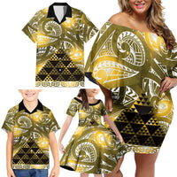 Matariki New Zealand Family Matching Off Shoulder Short Dress and Hawaiian Shirt NZ Niho Taniwha Maori New Year Yellow Galaxy