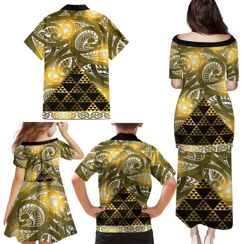 Matariki New Zealand Family Matching Puletasi and Hawaiian Shirt NZ Niho Taniwha Maori New Year Yellow Galaxy