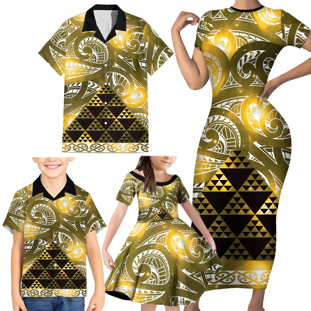 Matariki New Zealand Family Matching Short Sleeve Bodycon Dress and Hawaiian Shirt NZ Niho Taniwha Maori New Year Yellow Galaxy