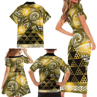 Matariki New Zealand Family Matching Short Sleeve Bodycon Dress and Hawaiian Shirt NZ Niho Taniwha Maori New Year Yellow Galaxy