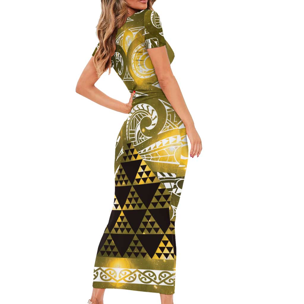 Matariki New Zealand Family Matching Short Sleeve Bodycon Dress and Hawaiian Shirt NZ Niho Taniwha Maori New Year Yellow Galaxy