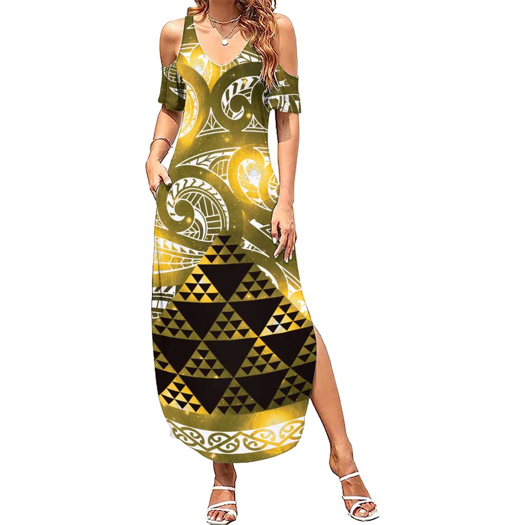 Matariki New Zealand Family Matching Summer Maxi Dress and Hawaiian Shirt NZ Niho Taniwha Maori New Year Yellow Galaxy