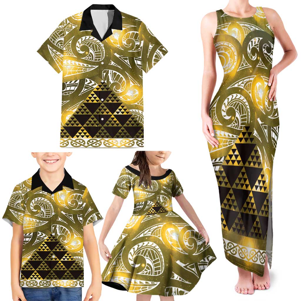 Matariki New Zealand Family Matching Tank Maxi Dress and Hawaiian Shirt NZ Niho Taniwha Maori New Year Yellow Galaxy LT14 - Polynesian Pride