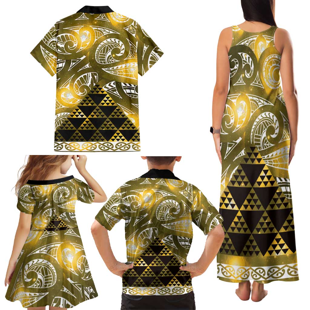 Matariki New Zealand Family Matching Tank Maxi Dress and Hawaiian Shirt NZ Niho Taniwha Maori New Year Yellow Galaxy