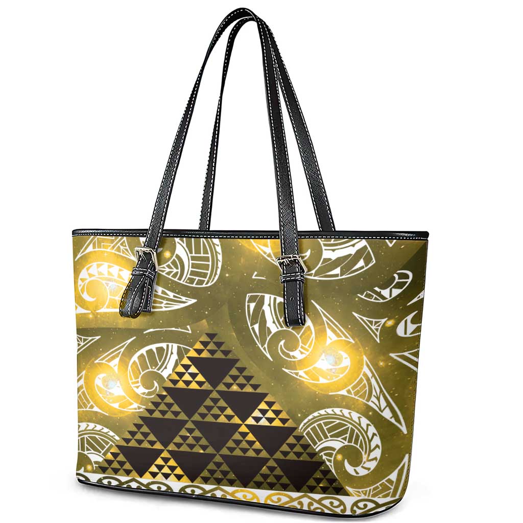 Matariki New Zealand Leather Tote Bag NZ Niho Taniwha Maori New Year Yellow Galaxy LT14 - Polynesian Pride