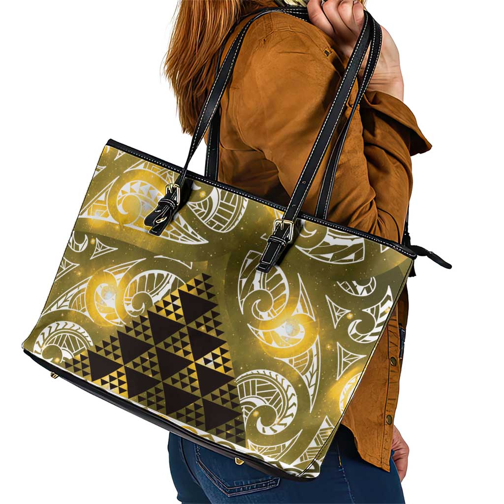 Matariki New Zealand Leather Tote Bag NZ Niho Taniwha Maori New Year Yellow Galaxy LT14 - Polynesian Pride