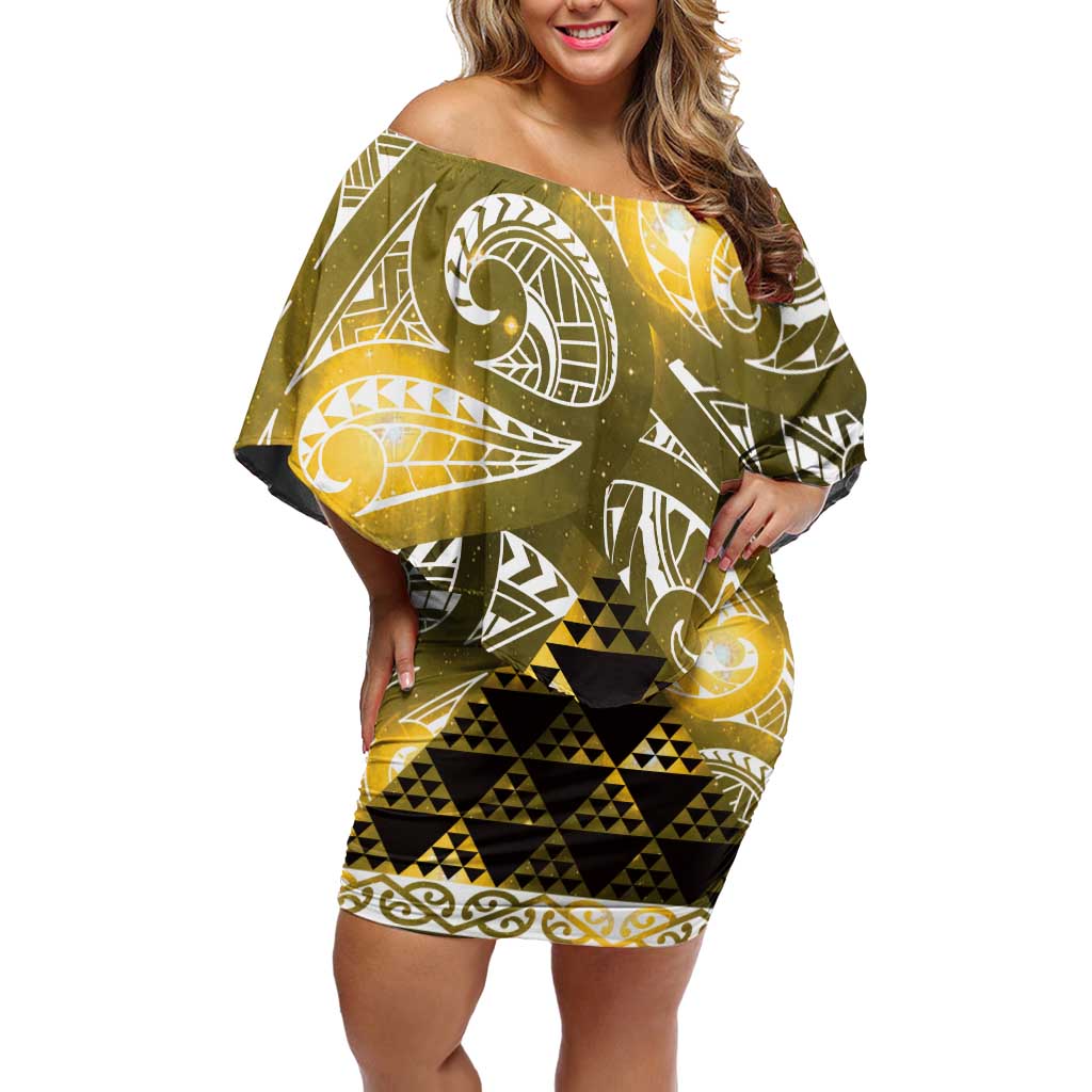 Matariki New Zealand Off Shoulder Short Dress NZ Niho Taniwha Maori New Year Yellow Galaxy