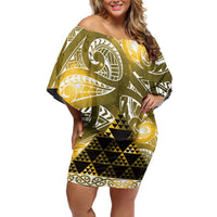 Matariki New Zealand Off Shoulder Short Dress NZ Niho Taniwha Maori New Year Yellow Galaxy