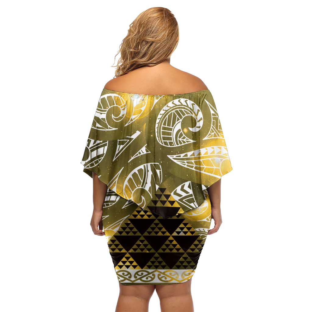 Matariki New Zealand Off Shoulder Short Dress NZ Niho Taniwha Maori New Year Yellow Galaxy