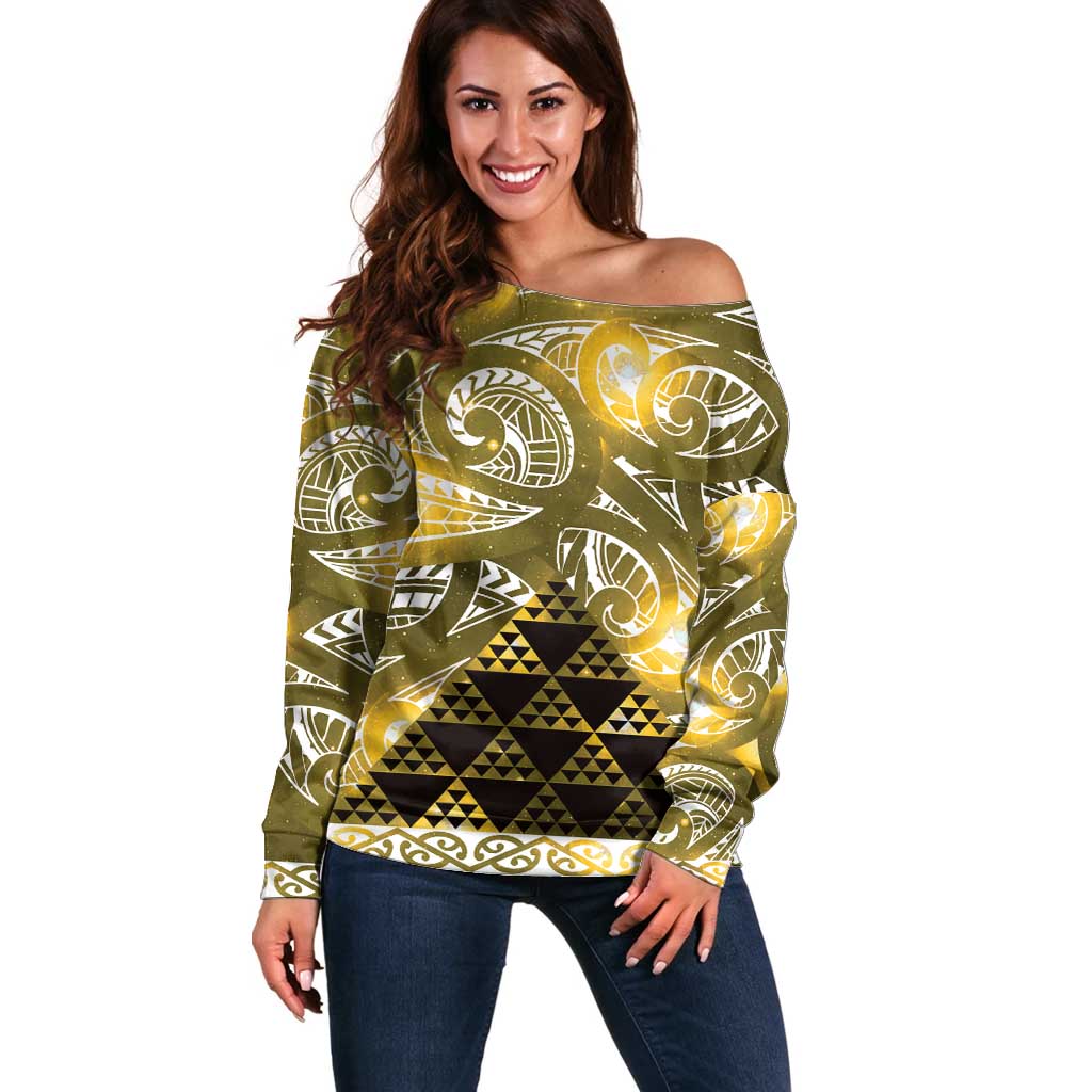 Matariki New Zealand Off Shoulder Sweater NZ Niho Taniwha Maori New Year Yellow Galaxy LT14 Women Yellow - Polynesian Pride