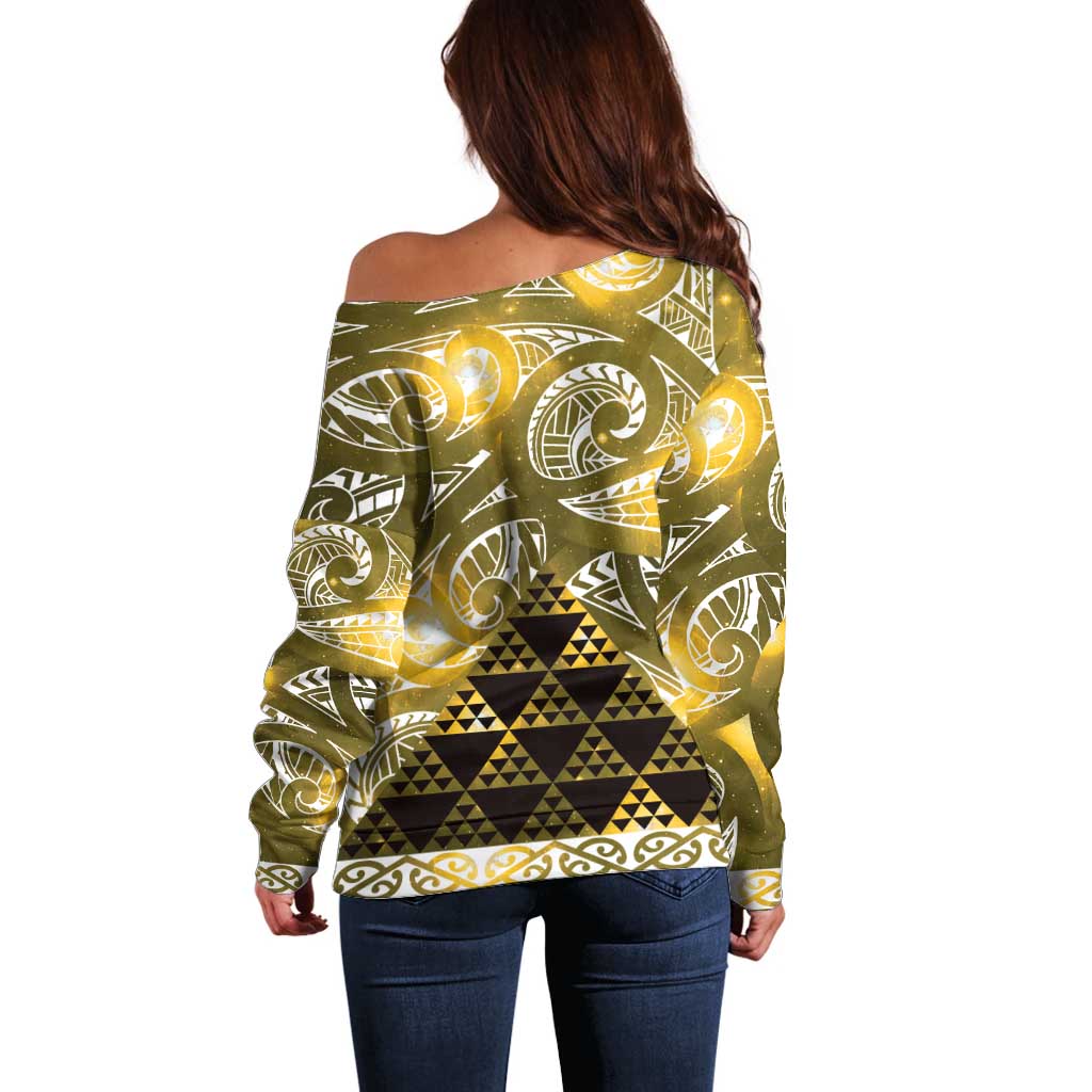 Matariki New Zealand Off Shoulder Sweater NZ Niho Taniwha Maori New Year Yellow Galaxy LT14 - Polynesian Pride