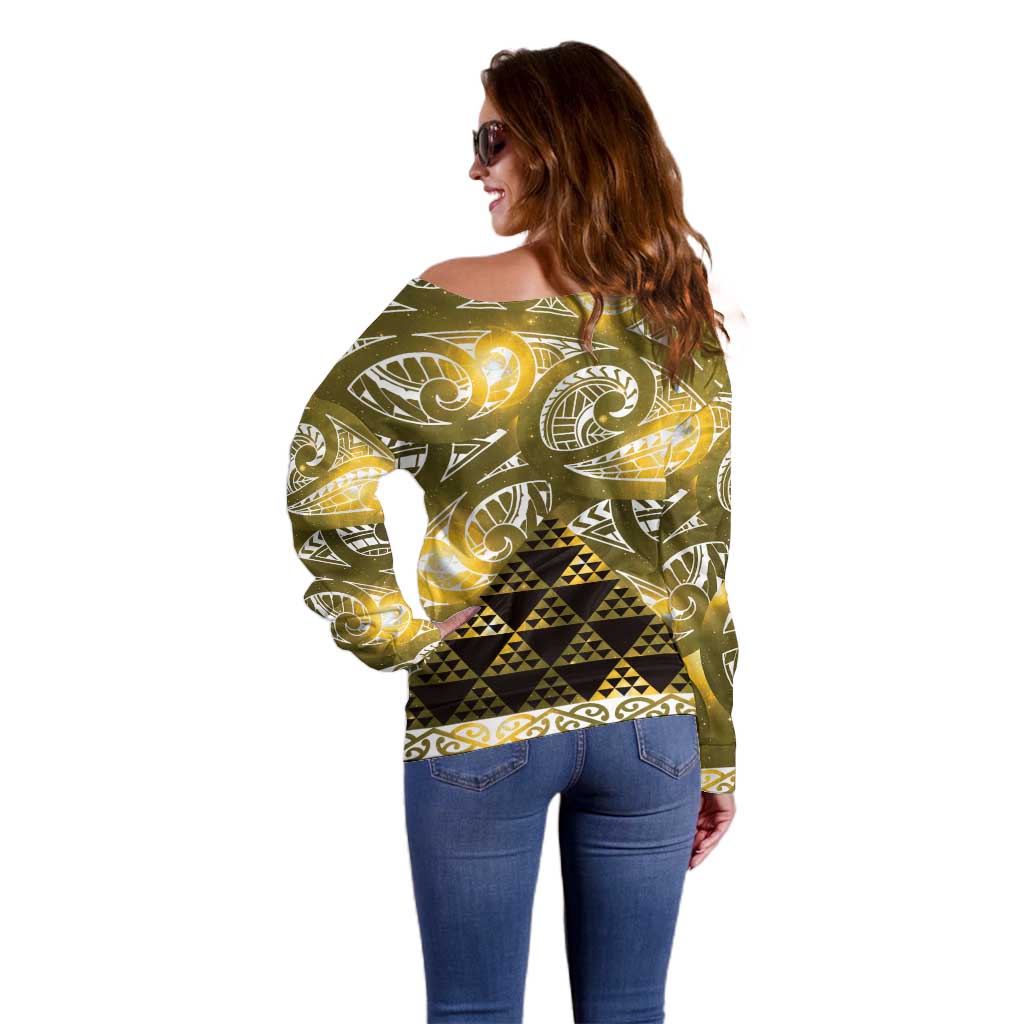 Matariki New Zealand Off Shoulder Sweater NZ Niho Taniwha Maori New Year Yellow Galaxy LT14 - Polynesian Pride