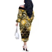 Matariki New Zealand Off The Shoulder Long Sleeve Dress NZ Niho Taniwha Maori New Year Yellow Galaxy