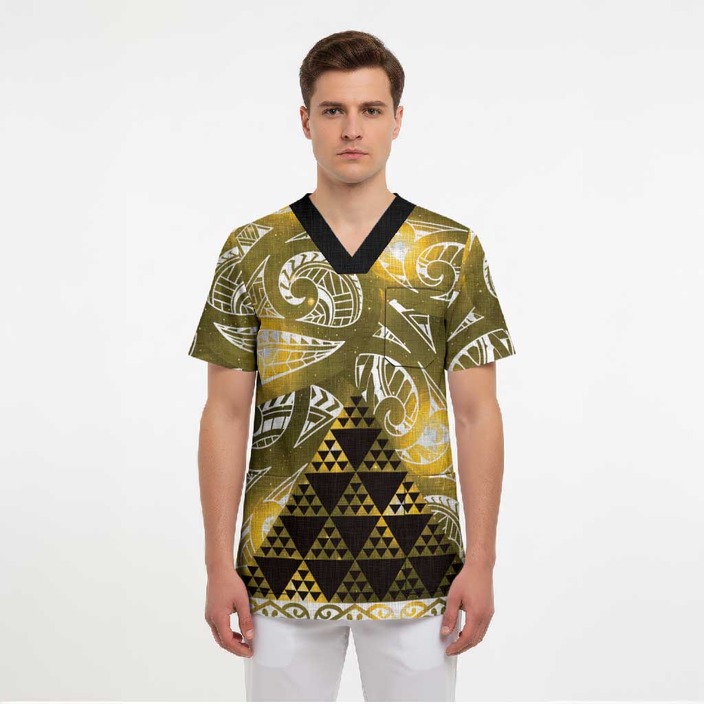 Matariki New Zealand Scrub Top NZ Niho Taniwha Maori New Year Yellow Galaxy LT14 - Polynesian Pride