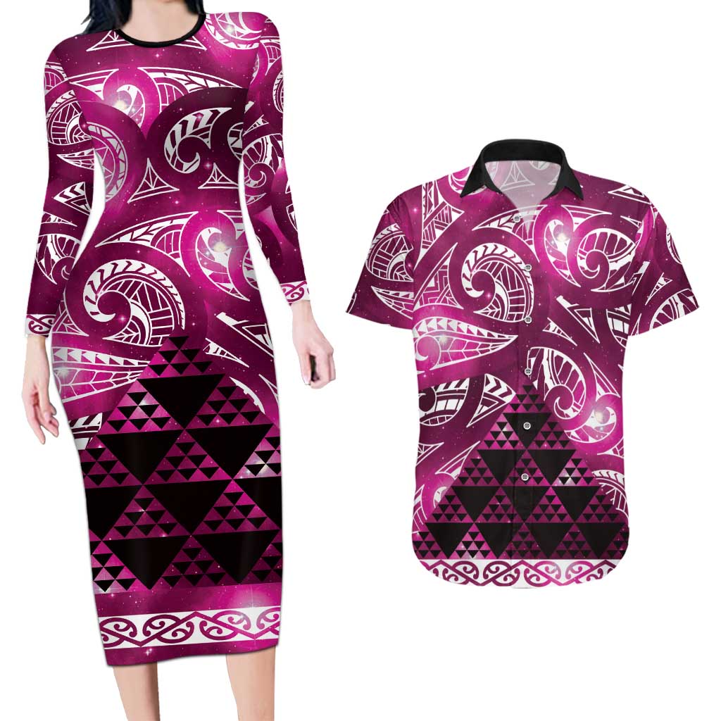 Matariki New Zealand Couples Matching Long Sleeve Bodycon Dress and Hawaiian Shirt NZ Niho Taniwha Maori New Year Pink Galaxy LT14 Pink - Polynesian Pride