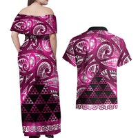 Matariki New Zealand Couples Matching Off Shoulder Maxi Dress and Hawaiian Shirt NZ Niho Taniwha Maori New Year Pink Galaxy