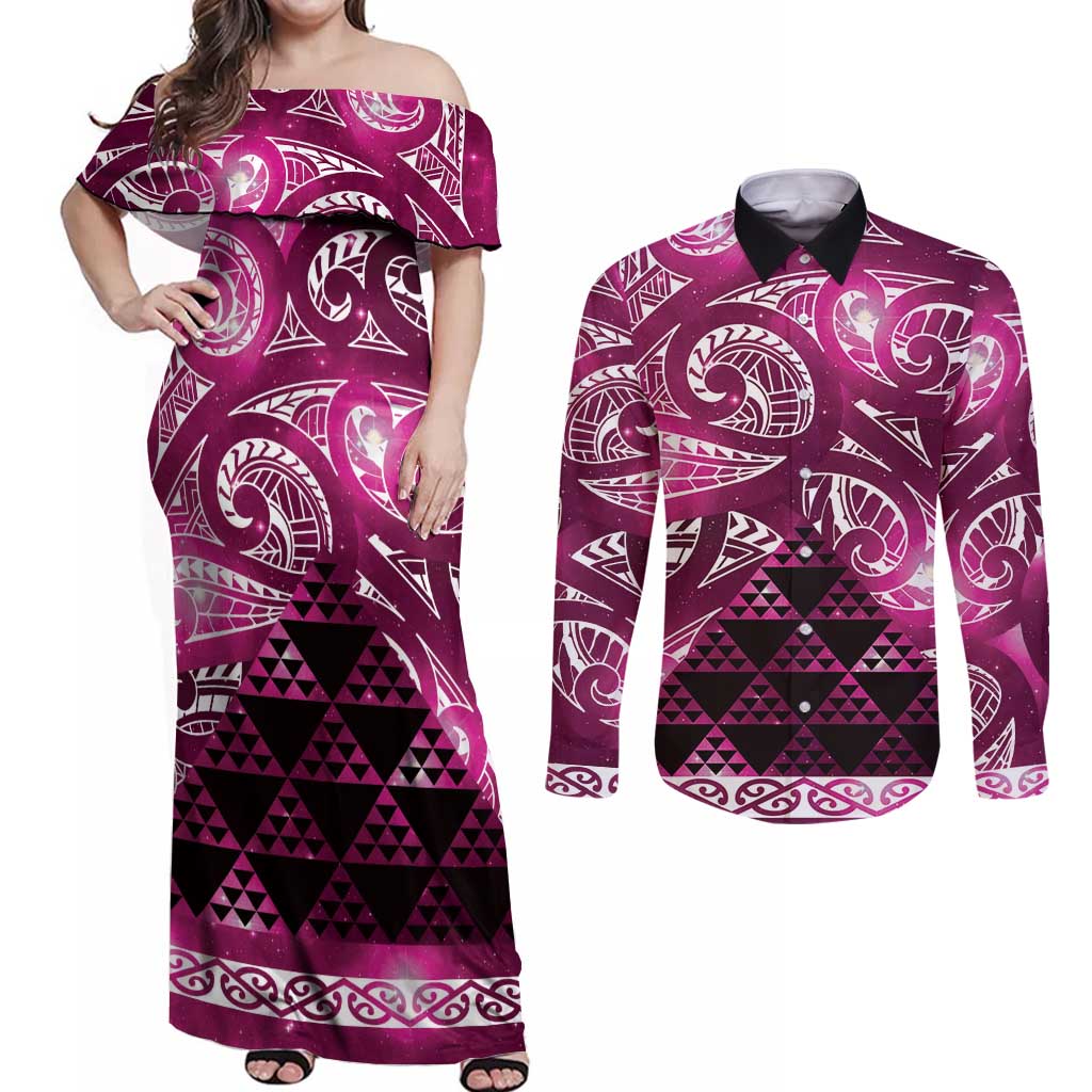 Matariki New Zealand Couples Matching Off Shoulder Maxi Dress and Long Sleeve Button Shirt NZ Niho Taniwha Maori New Year Pink Galaxy LT14 Pink - Polynesian Pride