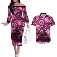 Matariki New Zealand Couples Matching Off The Shoulder Long Sleeve Dress and Hawaiian Shirt NZ Niho Taniwha Maori New Year Pink Galaxy