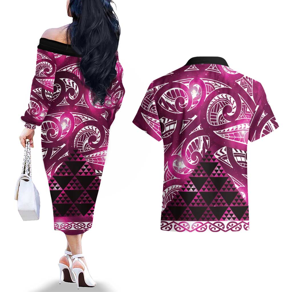 Matariki New Zealand Couples Matching Off The Shoulder Long Sleeve Dress and Hawaiian Shirt NZ Niho Taniwha Maori New Year Pink Galaxy