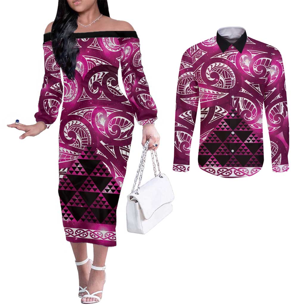 Matariki New Zealand Couples Matching Off The Shoulder Long Sleeve Dress and Long Sleeve Button Shirt NZ Niho Taniwha Maori New Year Pink Galaxy