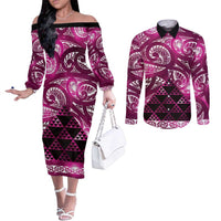 Matariki New Zealand Couples Matching Off The Shoulder Long Sleeve Dress and Long Sleeve Button Shirt NZ Niho Taniwha Maori New Year Pink Galaxy