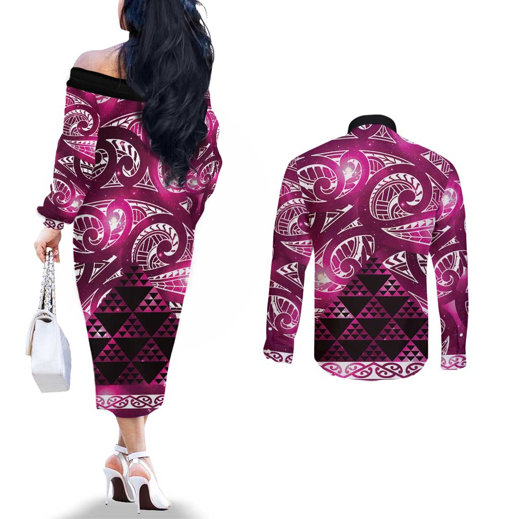Matariki New Zealand Couples Matching Off The Shoulder Long Sleeve Dress and Long Sleeve Button Shirt NZ Niho Taniwha Maori New Year Pink Galaxy