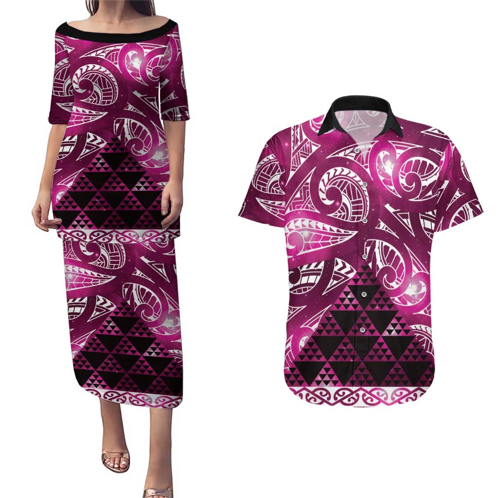 Matariki New Zealand Couples Matching Puletasi and Hawaiian Shirt NZ Niho Taniwha Maori New Year Pink Galaxy LT14 Pink - Polynesian Pride