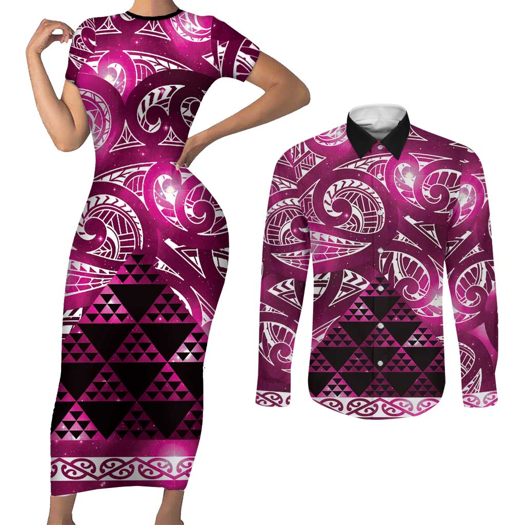 Matariki New Zealand Couples Matching Short Sleeve Bodycon Dress and Long Sleeve Button Shirt NZ Niho Taniwha Maori New Year Pink Galaxy LT14 Pink - Polynesian Pride