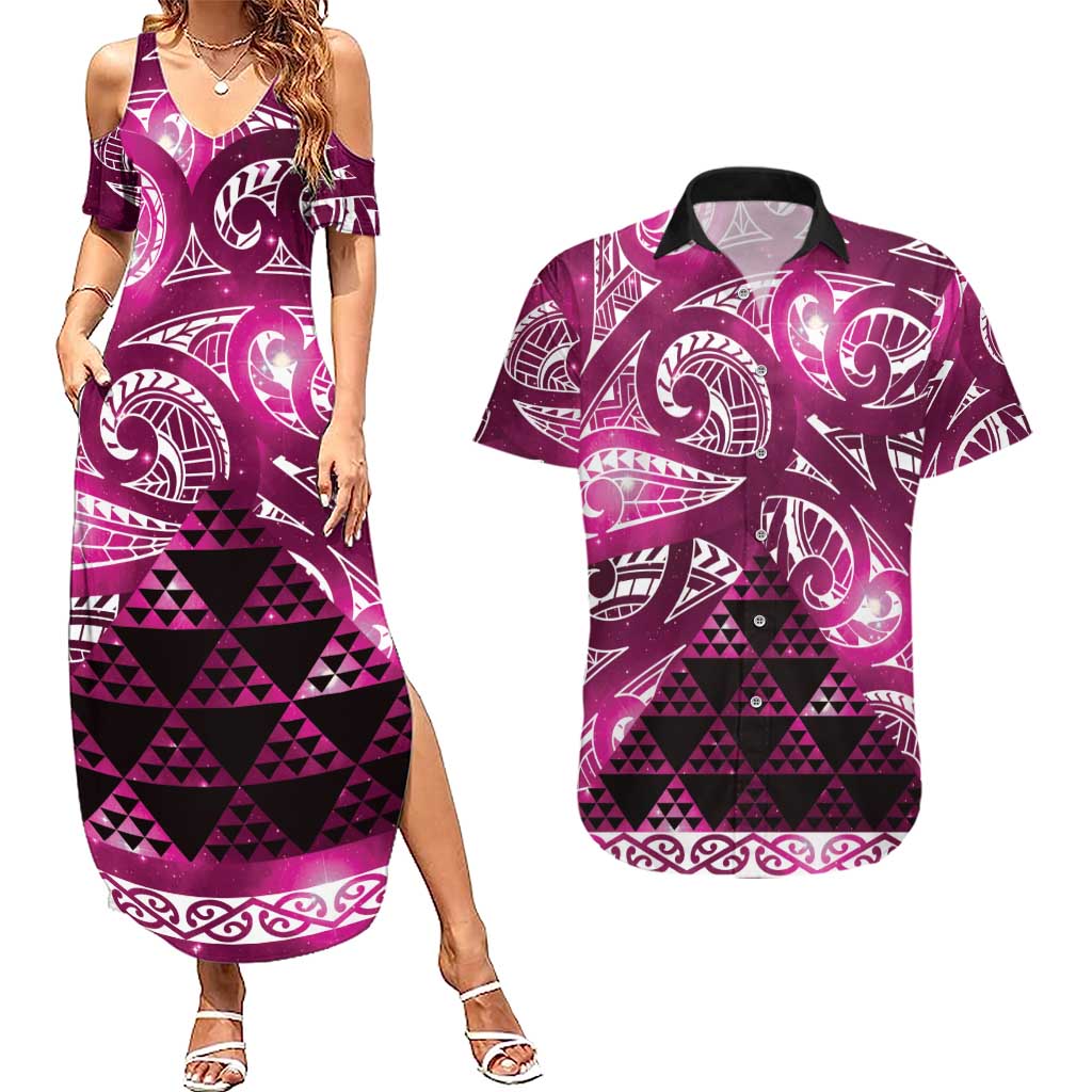 Matariki New Zealand Couples Matching Summer Maxi Dress and Hawaiian Shirt NZ Niho Taniwha Maori New Year Pink Galaxy