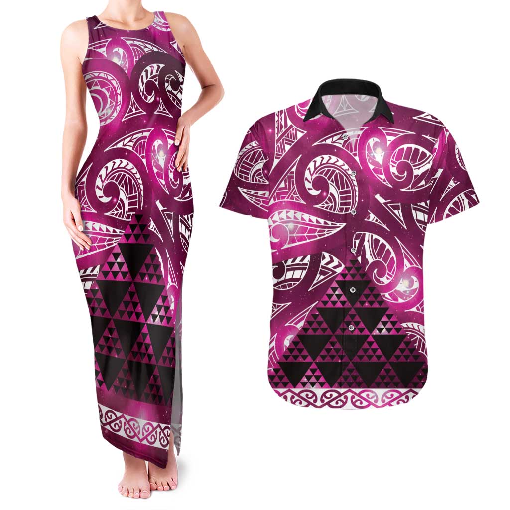 Matariki New Zealand Couples Matching Tank Maxi Dress and Hawaiian Shirt NZ Niho Taniwha Maori New Year Pink Galaxy LT14 Pink - Polynesian Pride