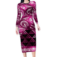 Matariki New Zealand Family Matching Long Sleeve Bodycon Dress and Hawaiian Shirt NZ Niho Taniwha Maori New Year Pink Galaxy LT14 Mom's Dress Pink - Polynesian Pride