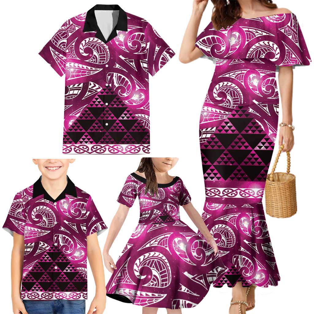 Matariki New Zealand Family Matching Mermaid Dress and Hawaiian Shirt NZ Niho Taniwha Maori New Year Pink Galaxy LT14 - Polynesian Pride