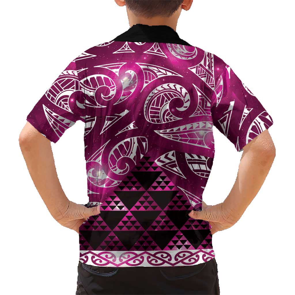 Matariki New Zealand Family Matching Off The Shoulder Long Sleeve Dress and Hawaiian Shirt NZ Niho Taniwha Maori New Year Pink Galaxy