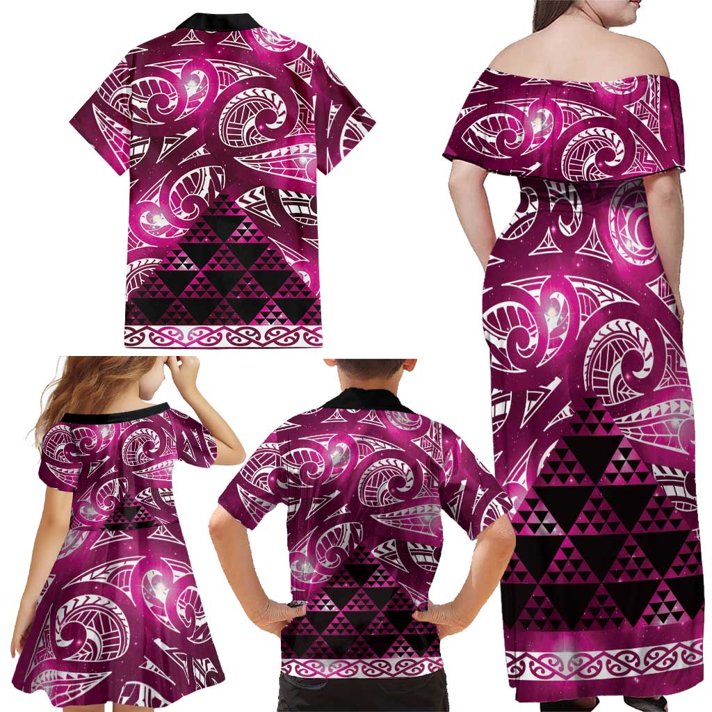 Matariki New Zealand Family Matching Off Shoulder Maxi Dress and Hawaiian Shirt NZ Niho Taniwha Maori New Year Pink Galaxy