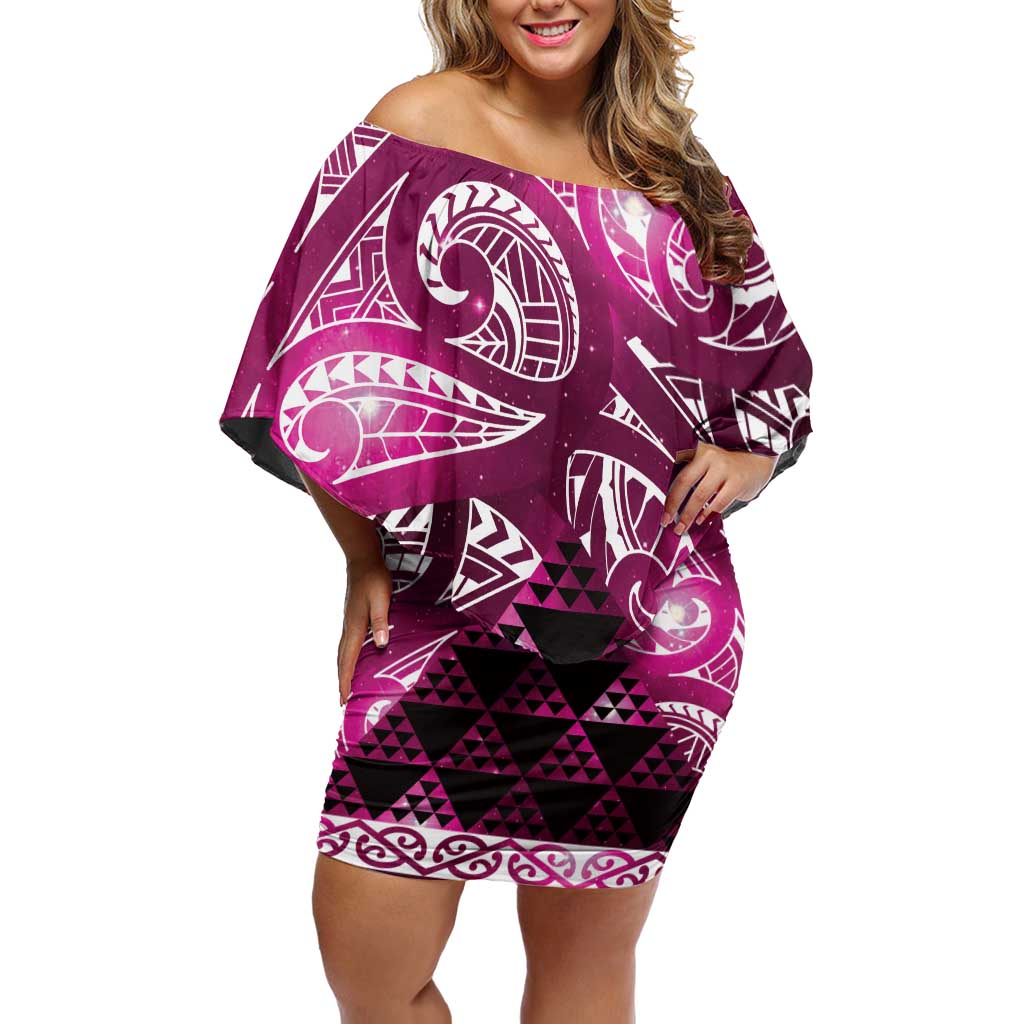 Matariki New Zealand Family Matching Off Shoulder Short Dress and Hawaiian Shirt NZ Niho Taniwha Maori New Year Pink Galaxy