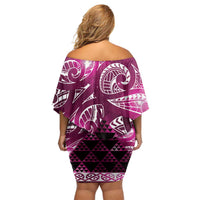 Matariki New Zealand Family Matching Off Shoulder Short Dress and Hawaiian Shirt NZ Niho Taniwha Maori New Year Pink Galaxy