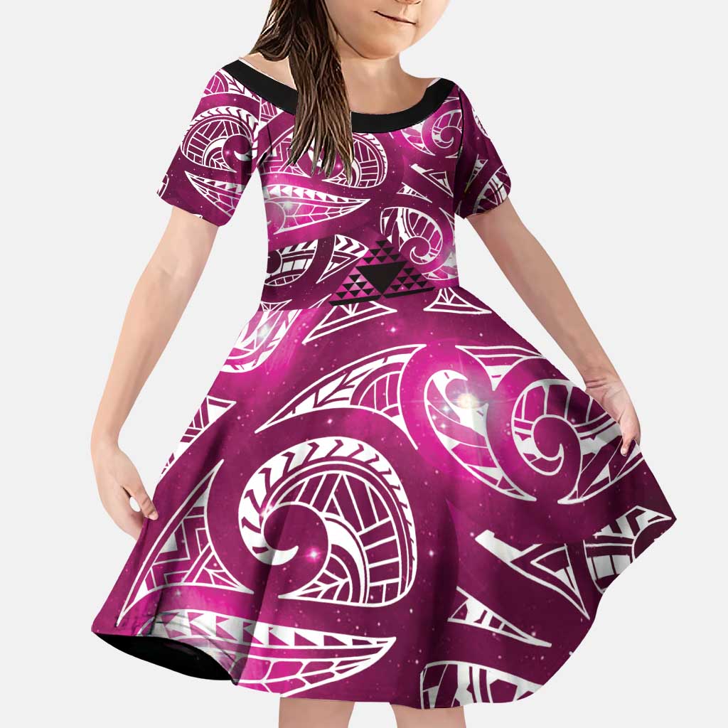 Matariki New Zealand Family Matching Short Sleeve Bodycon Dress and Hawaiian Shirt NZ Niho Taniwha Maori New Year Pink Galaxy