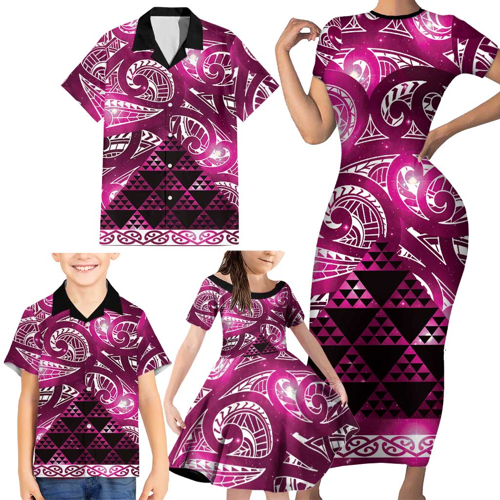 Matariki New Zealand Family Matching Short Sleeve Bodycon Dress and Hawaiian Shirt NZ Niho Taniwha Maori New Year Pink Galaxy LT14 - Polynesian Pride