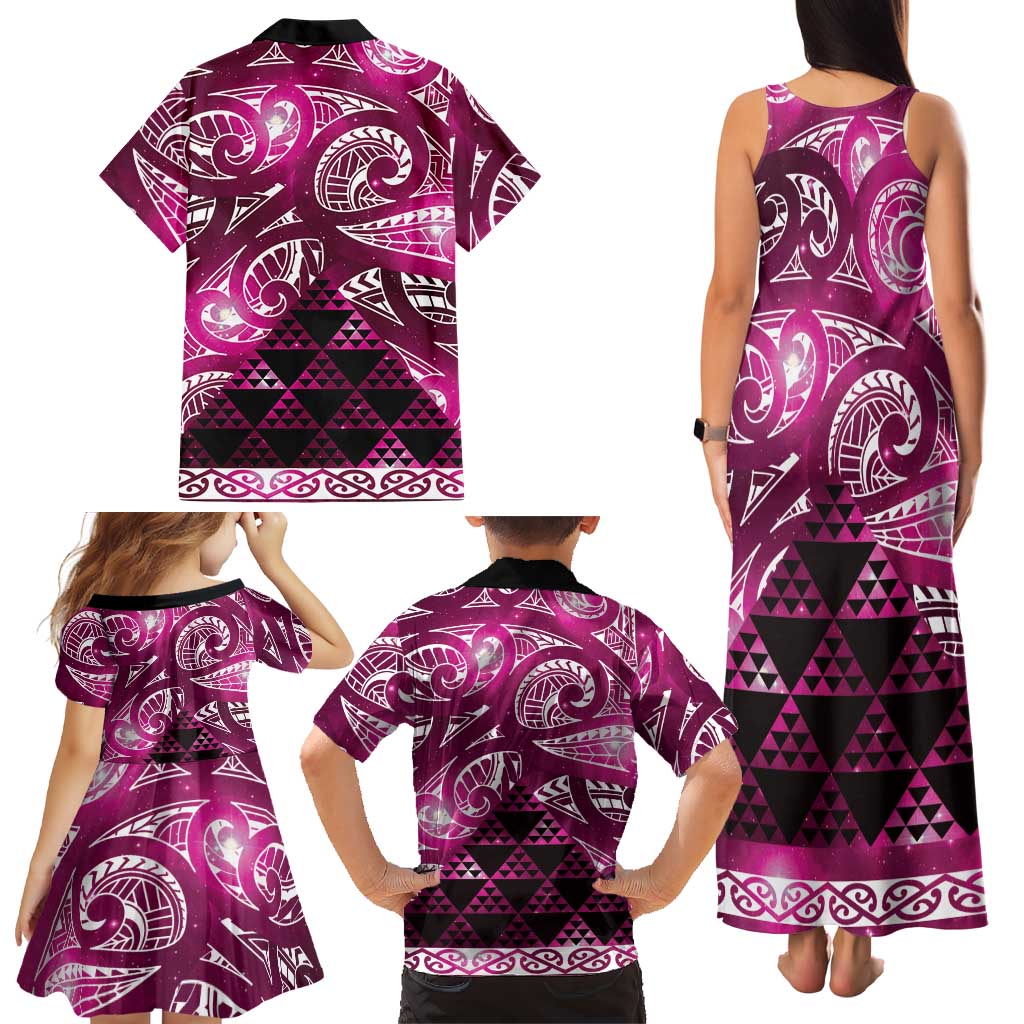 Matariki New Zealand Family Matching Tank Maxi Dress and Hawaiian Shirt NZ Niho Taniwha Maori New Year Pink Galaxy