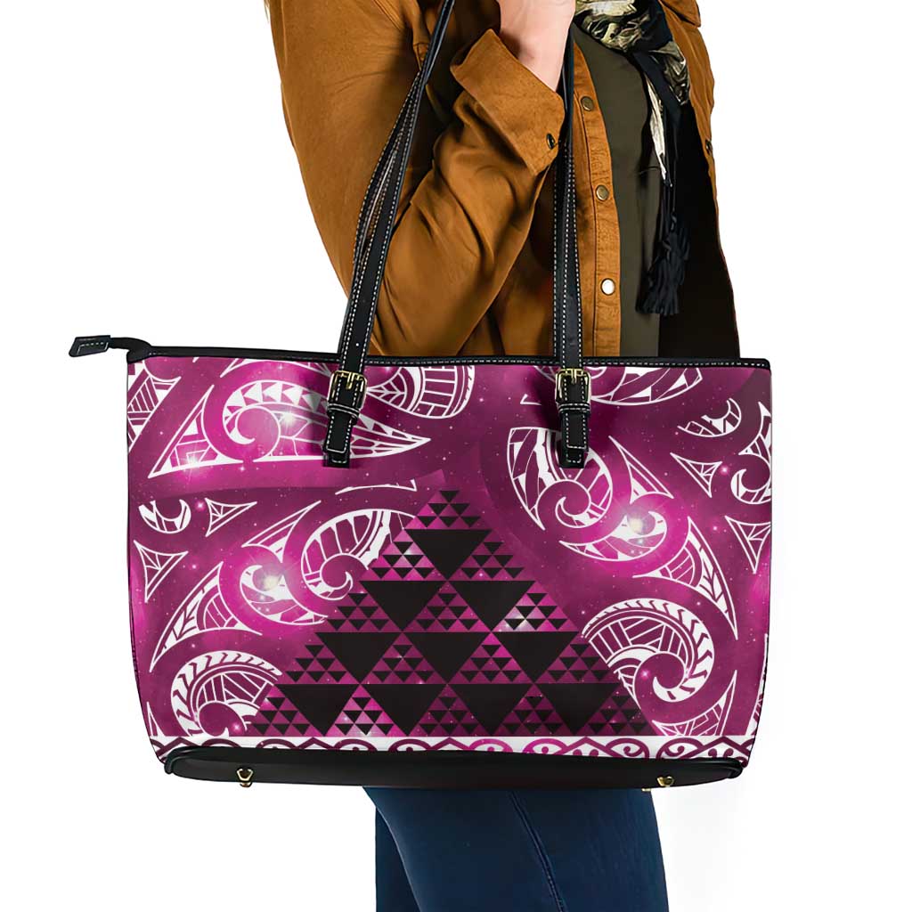 Matariki New Zealand Leather Tote Bag NZ Niho Taniwha Maori New Year Pink Galaxy LT14 - Polynesian Pride