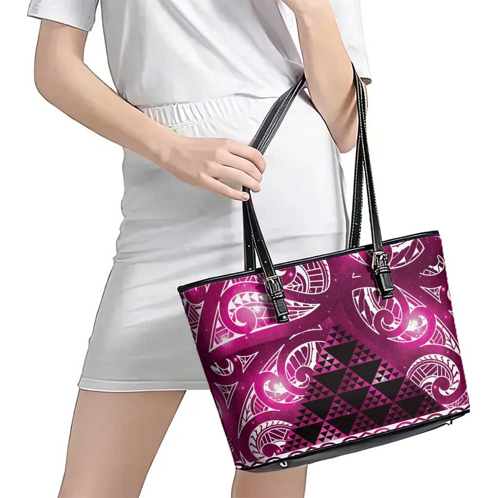 Matariki New Zealand Leather Tote Bag NZ Niho Taniwha Maori New Year Pink Galaxy LT14 - Polynesian Pride