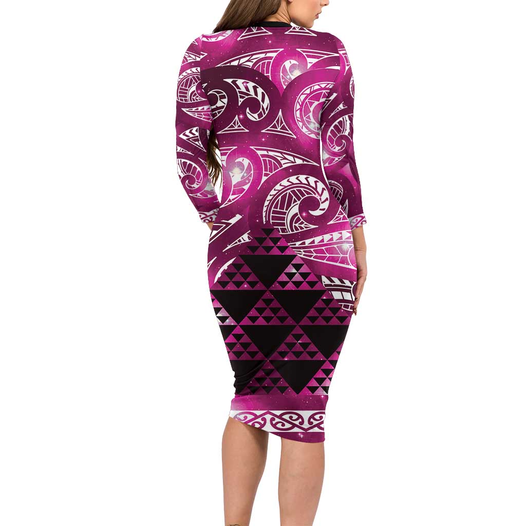 Matariki New Zealand Long Sleeve Bodycon Dress NZ Niho Taniwha Maori New Year Pink Galaxy