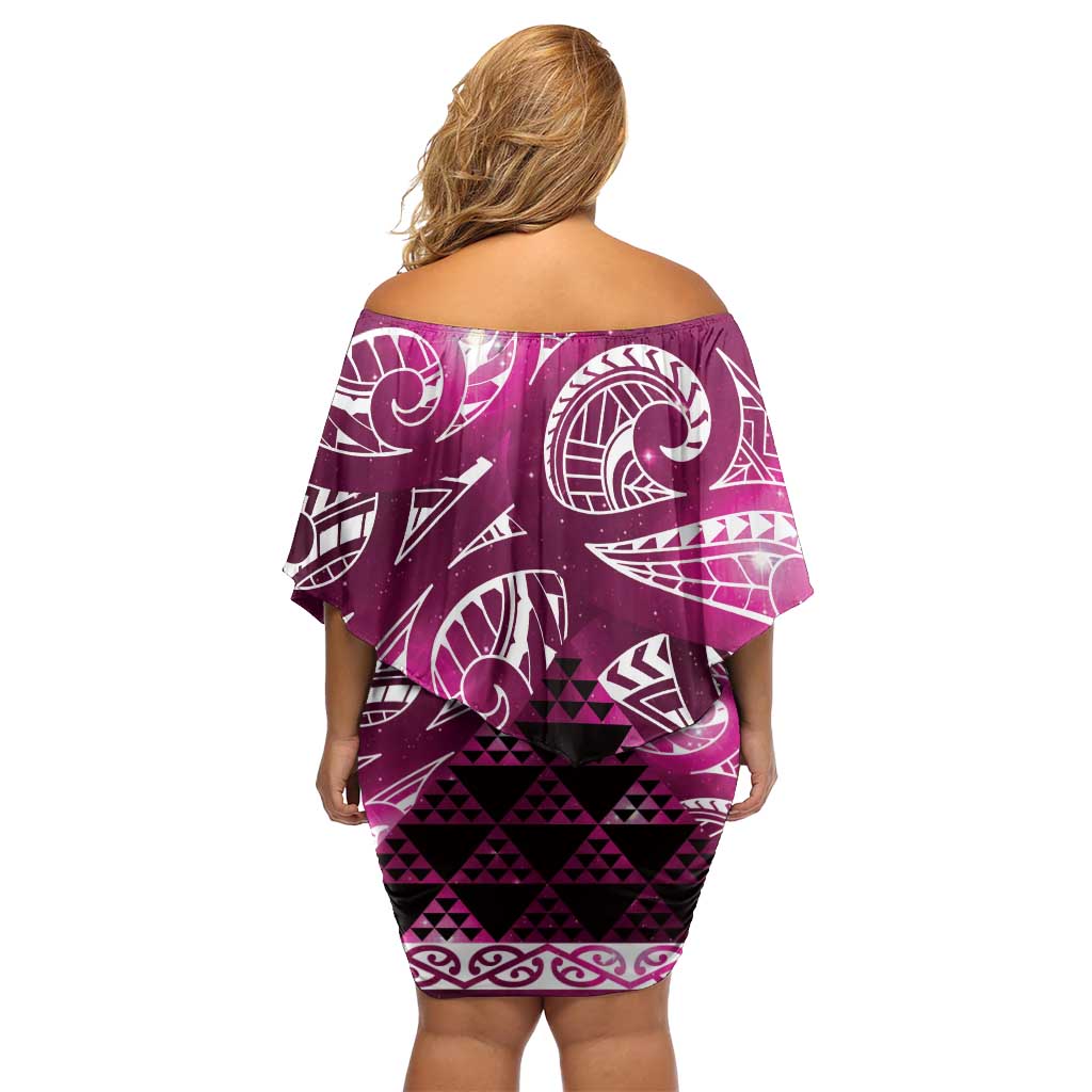 Matariki New Zealand Off Shoulder Short Dress NZ Niho Taniwha Maori New Year Pink Galaxy