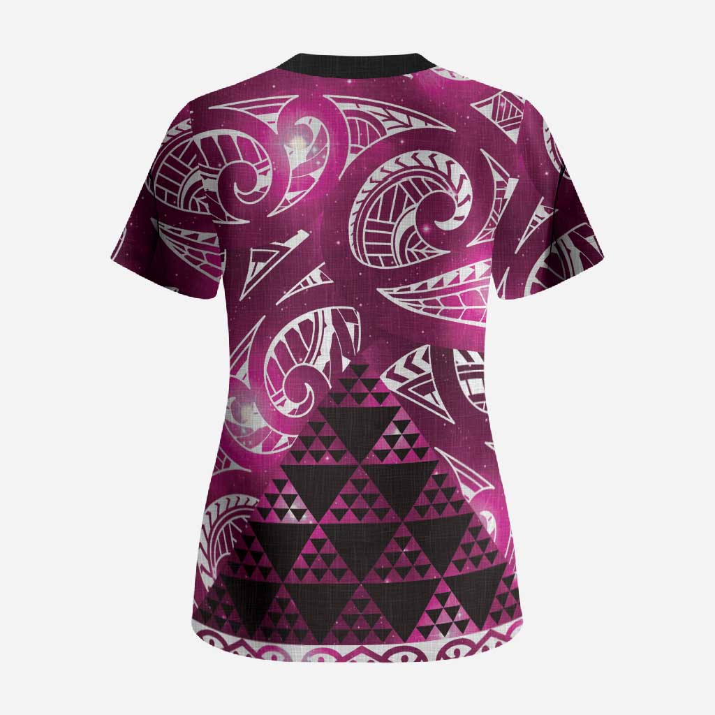 Matariki New Zealand Scrub Top NZ Niho Taniwha Maori New Year Pink Galaxy LT14 - Polynesian Pride