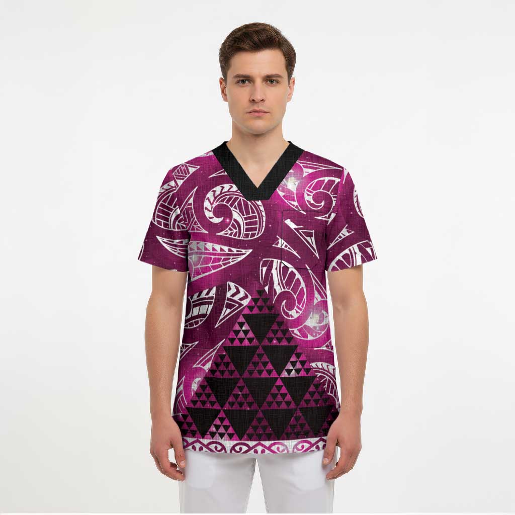 Matariki New Zealand Scrub Top NZ Niho Taniwha Maori New Year Pink Galaxy LT14 - Polynesian Pride